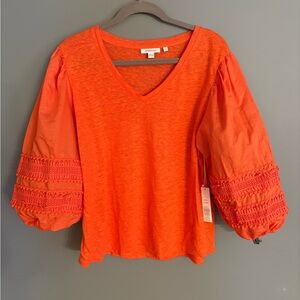 Chico's Orange Smocked 3/4 Sleeve Blouse